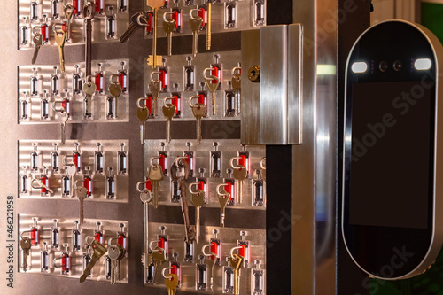 Intelligent key storage systems. Key storage and distribution system. Metal clef cabinet with a transparent window. Equipment for issuing key on a magnetic card. Security and access control systems