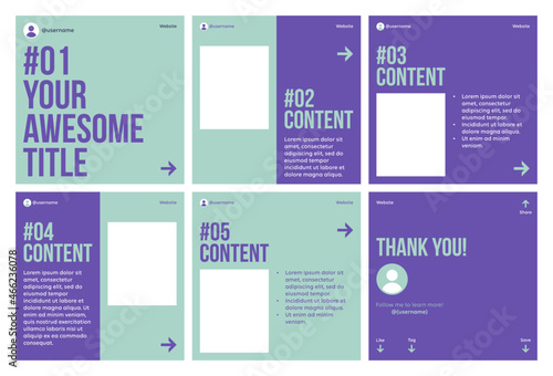 Microblog carousel slides template for instagram. Six page, flat green mint and purple colors theme. 