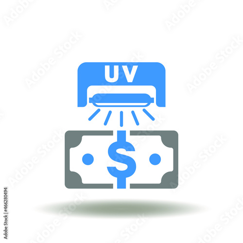 Vector illustration of checking a dollar banknotes with an ultraviolet lamp. Symbol of money counterfeit control and analyze. Icon of money sterilization and disinfection.