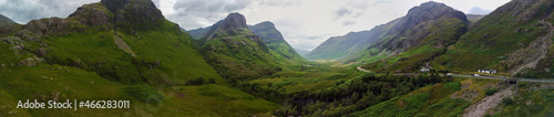 Aerial panoramic view of the waterfalls on the River Coe near Allt-na-ruigh with the Three Sisters in the background, Scotland