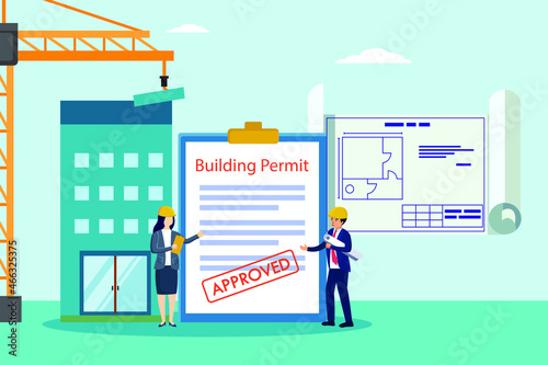 Building permit vector concept. Two architects looking at blue prints while standing with Two architects stand with approved building permit on clipboard