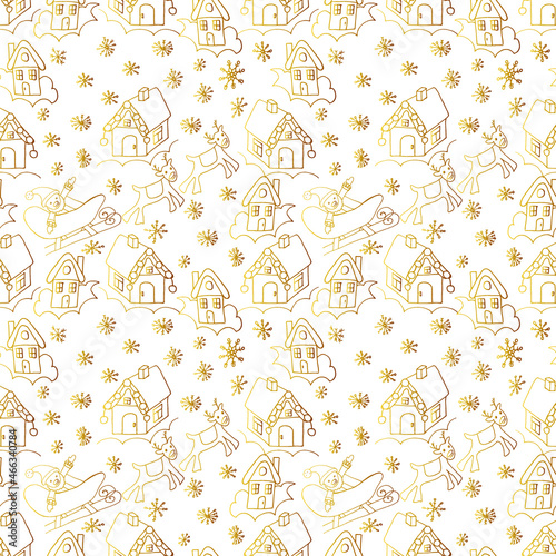 Hand drawn golden christmas seamless pattern with cute cartoon houses in the snow, santa claus with reindeer. vector illustration perfect for wrapping paper, greeting cards and holiday banners 
