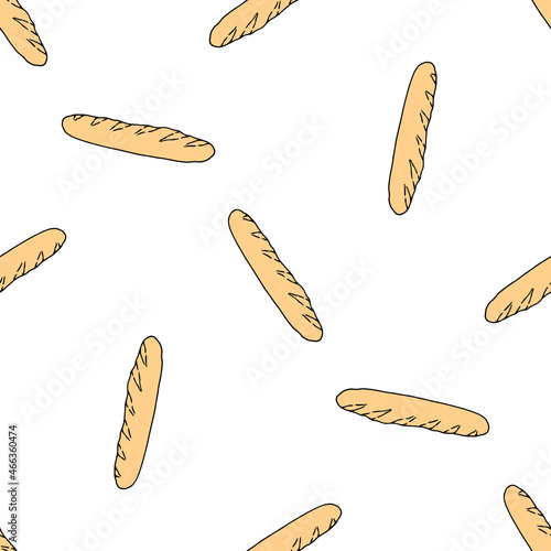 a pattern from a baguette. seamless pattern of a long yellow baguette drawn in doodle style randomly arranged on a white background for a bakery template