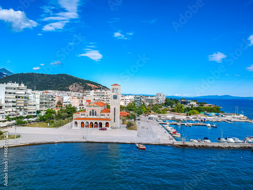 Aerial view over the church of saint Konstantinos at the city of Volos, Thessaly region, central Greece