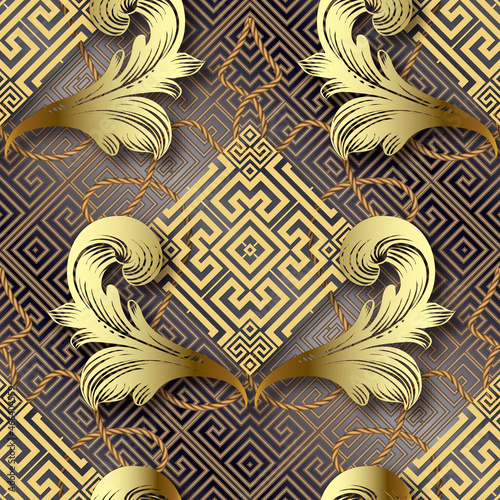 3d gold Baroque floral seamless pattern. Greek style ornamental geometric background. Vector repeat ornate backdrop. Luxury ornaments. Bintage flowers, leaves, geometry shapes, ropes. Greek meanders