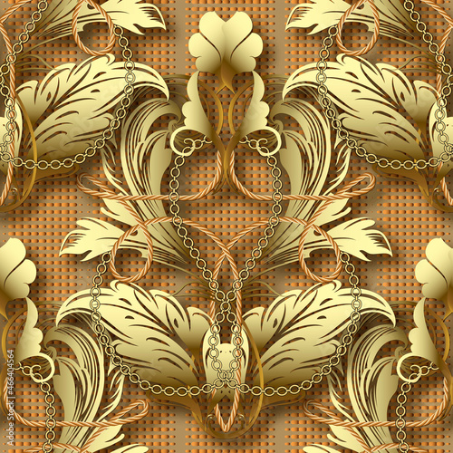 Baroque old style seamless pattern. Royal vector textured background. Repeat ornate halftone backdrop. Vintage luxury leafy 3d ornaments. Golden flowers, leaves, ropes, chains lines. Endless texture