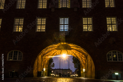 Stockholm, Sweden An archway at night on the campus of the Royal Institute of Technology or KTH.