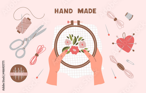 Female hands holding embroidery hoop with floral embroidery. Trendy vector hand drawn set of tools for embroidery. All objects isolated