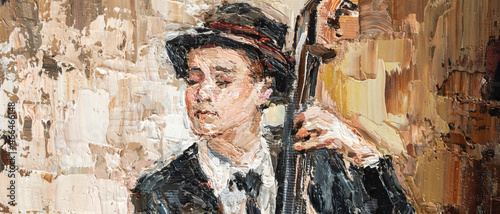 Man in hat plays double bass. Jazz band musician. Oil painting on canvas. Modern Art.