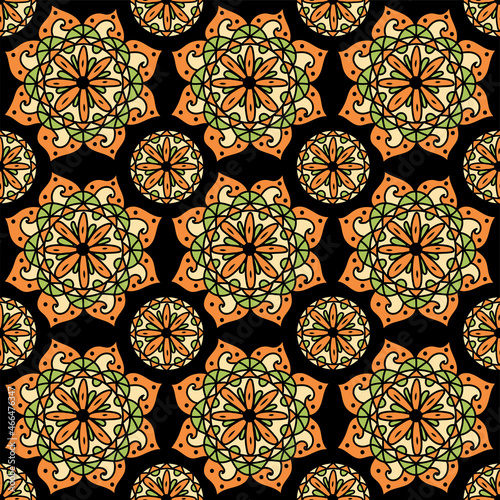 Mandala hand drawn seamless pattern colored green orange flower design. Vector illustration.