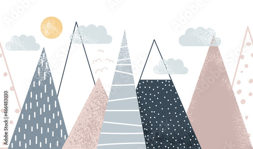 Cute mountains landscape. Kids graphic. Vector hand drawn illustration.