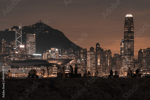 Cityscape at Victoria Harbour in Hong Kong; Golden color tone