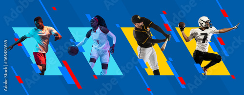 Sport collage. Multiethnic people, professional athletes in action isolated on bright colorful geometric background.