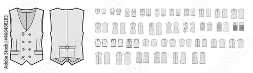 Set of vests waistcoat technical fashion illustration with sleeveless, pockets, fitted oversized body. Flat casual top apparel template front, back, grey color style. Women, men, unisex CAD mockup