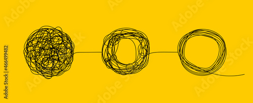 Untangle mind. Psychotherapy concept. Logo of chaos, tangle and change with help of coach. Transformation of brain. Evolution of mind after psychologist. Abstract doodle symbol. Vector