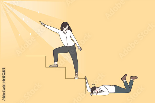 Motivated ambitious happy person reach goal, tired lazy distressed colleague lose hope stay behind. People aim or purpose achievement ways. Weakness and strength. Flat vector illustration. 