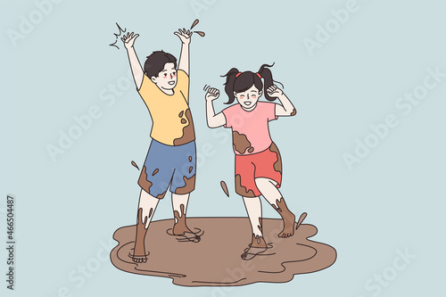 Happy small children jump in mud have fun outdoor. Smiling little kids play in dirty puddle in street. Manner and behavior, upbringing, childhood concept. Vector illustration, cartoon character. 