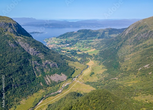 View to Hardangerfjorden and Rosendal barony from the mountains, Norway