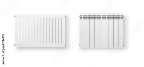 Central heating radiator panels for indoor heating system. Realistic white thermostat devices