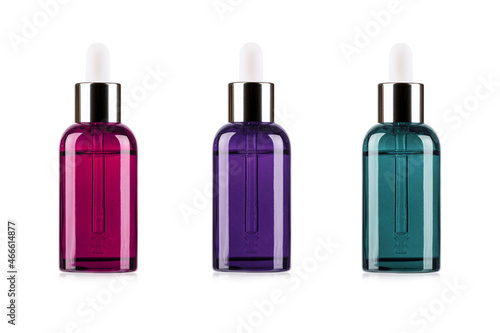 Realistic glass bottle cosmetic set , red, purple, green color, collagen serum, aroma oil for beauty isolated on white background.