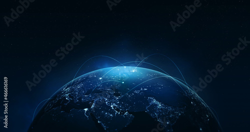 Night earth global virtual internet world connection of metaverse technology network digital communication and worldwide networking on connect 3d background. Elements of this image furnished by NASA.