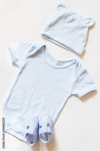 Newborn baby clothing on white background,Top view, flat lay.