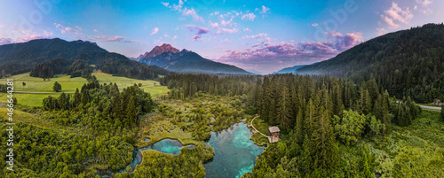 Zelenci Springs Sunset Sunrise in Slovenia NAture Reserve Aerial Panoramic View