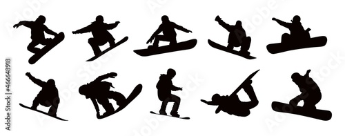 Vector set silhouettes of detail of snowboarding. Silhouettes of snowboarder isolated