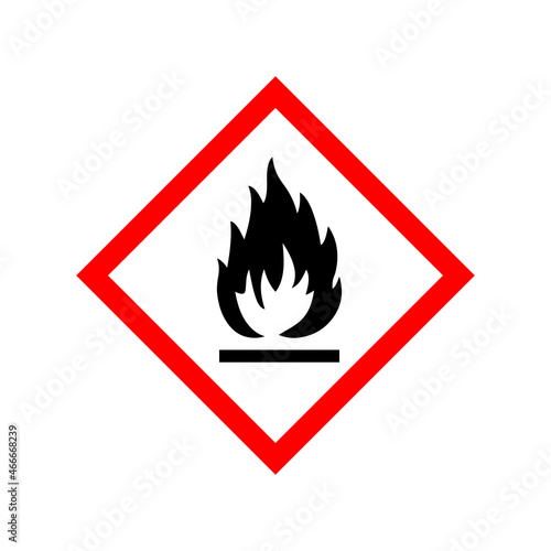 Flammable substances sign. Vector illustration of red border square sign with flame fire inside. Attention. Danger zone. Caution flammable materials. Keep away from fire symbol.
