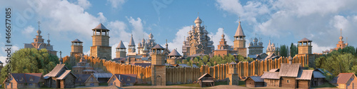Wide panorama of ancient traditional russian wooden fortress in the hill. Historical wooden fantasy fortress with forest and skyline. 3D rendered illustration