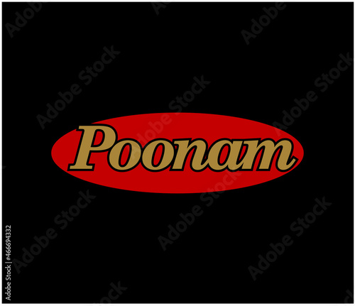 Poonam brand logo on red oval. Poonam company logo.