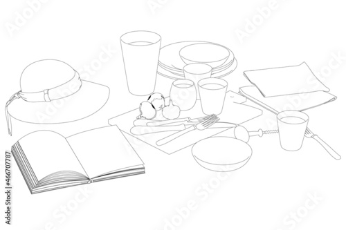 Contour of set on the table with ladies hat, open book, plates, glasses, cutting board, cutlery from black lines isolated on white background. Vector illustration
