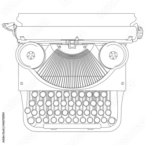 Outline of a vintage typewriter from black lines isolated on white background. View from above. Vector illustration