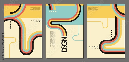 Retro 70s rainbow stripes designs collection. Background covers and document templates with colorful minimalist lines. Vector graphic design.