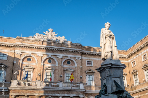 Recanati, Macerata, Marche, Italy, August 13 2021: The Giacomo Leopardi Statue, dedicated to Poet, situated in Giacomo Leopardi Square Recanati Town, Marche, Italy