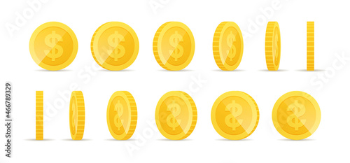 Gold coins in different positions. Set of rotating gold coins. Golden money set. Golden shiny cash coin, jackpot coin dollar, gold treasure prize, golden money vector illustration icons set.