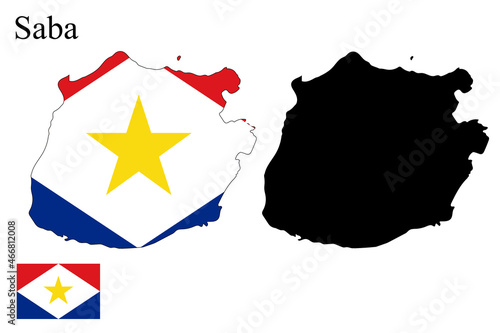 Set of maps of Saba. Flag on the map. Silhouette of the card