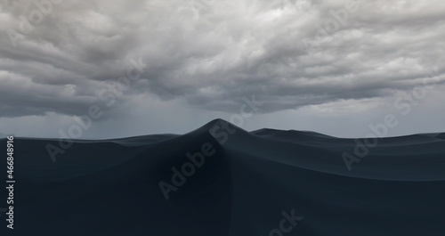 Panorama of sand dunes desert volcanic black sand against background rain clouds. Endless dunes of black sand. Desert landscape Waves sandy nature