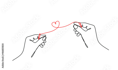 continuous drawing of one line of a man's hand and a woman's hand connected by a thin red thread in the shape of a heart