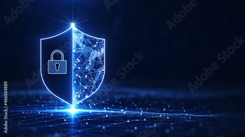 Data protection is a concept in cybersecurity and privacy technologies. There is a shield on the left side. The small padlock serves as the connection point between the polygons. dark blue background.