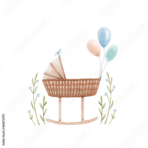 Beautiful composition with hand drawn watercolor baby cradle crib air baloons and flowers. Stock clip art illustration for boy.