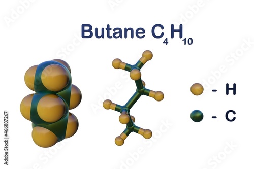 Structural chemical formula and molecular model of butane or n-butane, a highly flammable, colorless, easily liquefied gas that quickly vaporizes at room temperature. 3d illustration