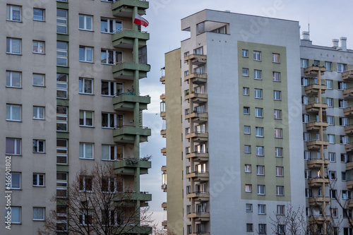 Characteristic residential building from 90' in Goclaw estate of Warsaw city, Poland