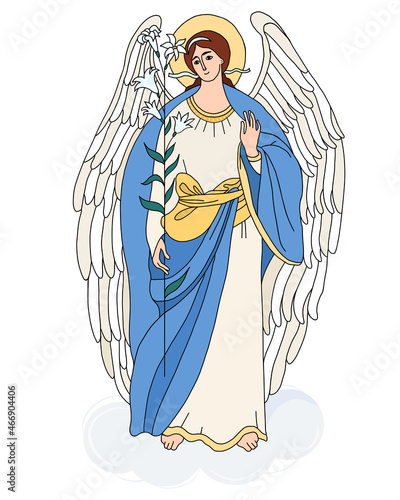 Heavenly messenger - Archangel Gabriel with lily. Vector illustration. Religious concept for Catholic and Orthodox communities. Angel of Revelation, St. Archangels Gabriel of and Annunciation