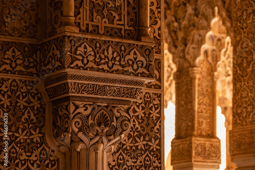 Moorish ornaments at the entrance of the Palace of the Lions (Palacio de los Leones, Sala de los Mocárabes), Nasrid palaces, Alhambra de Granada UNESCO World Heritage Site, Granada, Andalusia, Spain