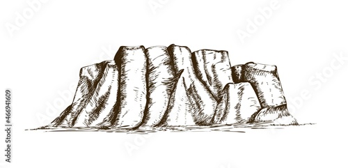 Mountain ridge or natural landmark hand drawn in vintage engraving style. Beautiful retro drawing of rock cliff, plateau or tableland isolated on white background. Monochrome vector illustration.