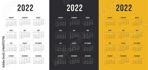 One page wall calendar 2022 set. Black, white and yellow versions. Vector. 
