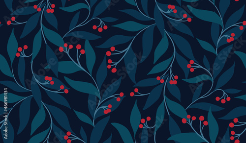 Fairy floral background in dark colors. Blue floral pattern with red berries and large leaves. Composition of tightly intertwined twigs with berries and leaves. Seamless pattern, vector illustration.