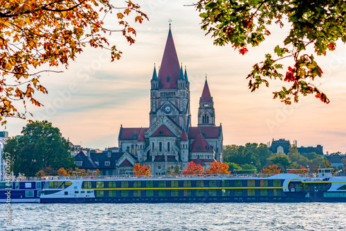 St. Francis of Assisi church and Danube river in autumn, Vienna, Austria