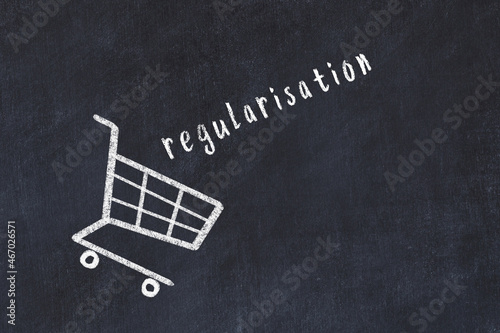 Chalk drawing of shopping cart and word regularisation on black chalboard. Concept of globalization and mass consuming